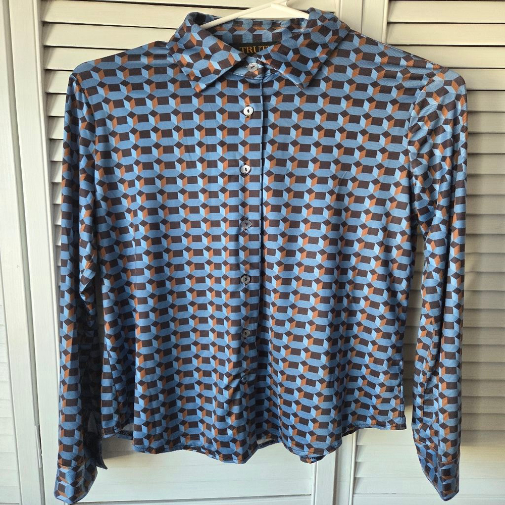 Women's Truth by Republic Button Down Shirt SP Blue Brown Geometric - Picture 1 of 11